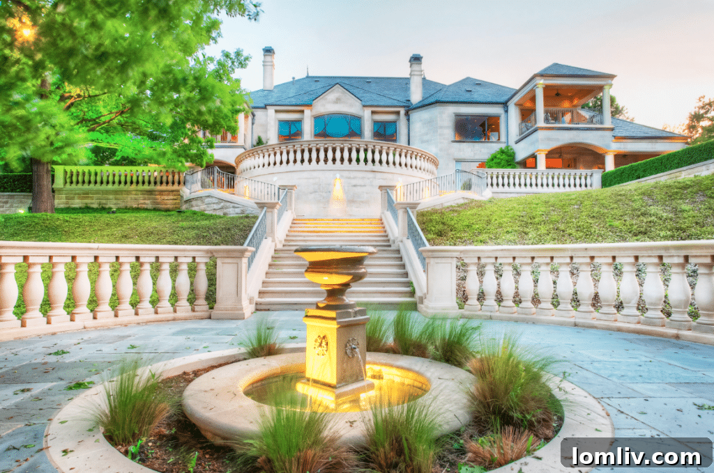 A stunning fountain beautifully highlights the terraced backyard, creating a serene and picturesque outdoor setting.