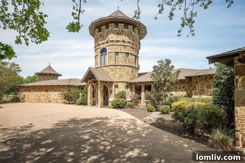 Exterior view of the main house at 218 Hunter Pass, showcasing its stately stone facade, arched windows, and Mediterranean-inspired architecture against a clear blue sky.