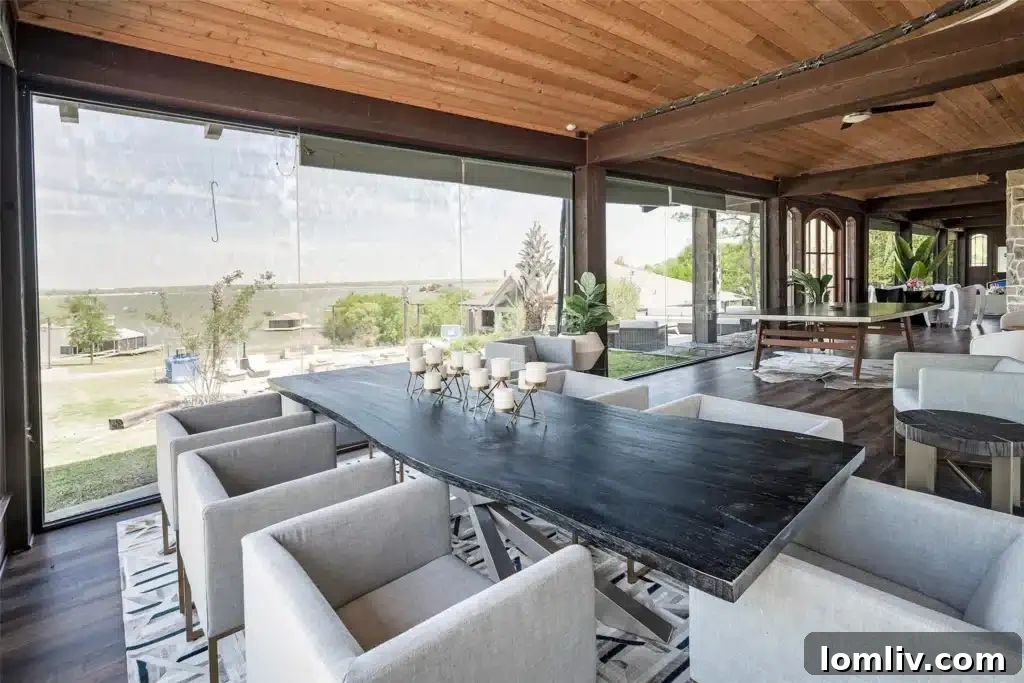 Another perspective of the sunroom, highlighting its ample space for various activities, from relaxation to entertainment, with continuous lake vistas.