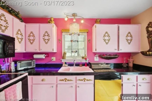 Close-up of pink kitchen accessories and styling, emphasizing the Barbiecore theme