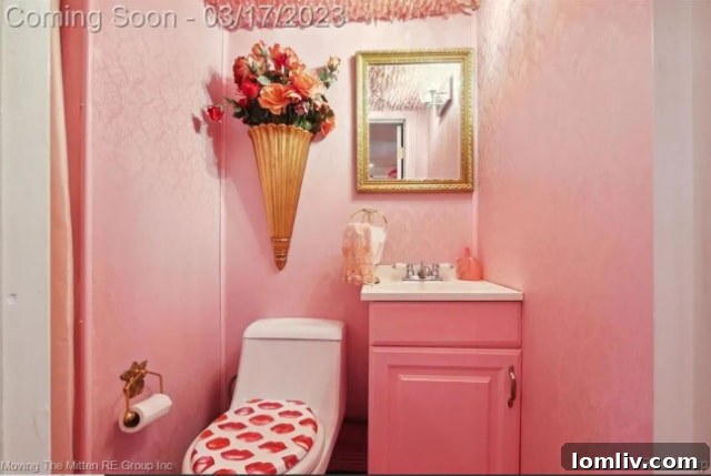 Bathroom with a distinctive lip-shaped toilet seat cover, reflecting a playful theme