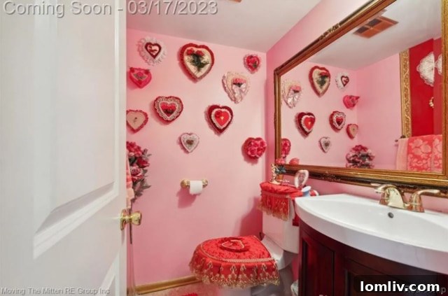 Second bathroom featuring a unique, possibly crocheted, toilet seat cover, adding a homely touch