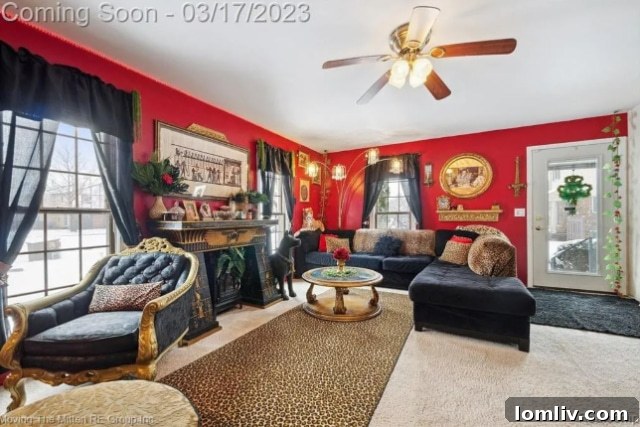 Spacious living room featuring prominent leopard print furniture and decor