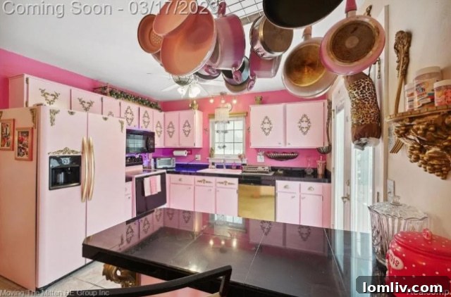 Kitchen area showcasing pink appliances, utensils, and themed decor