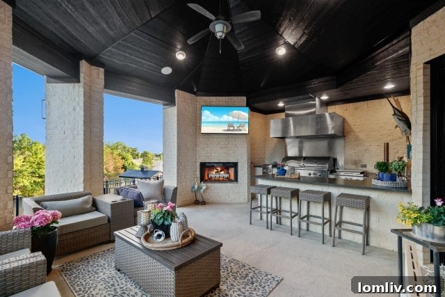 Second-floor balcony with outdoor kitchen, fireplace, and stunning views of Lake Ray Hubbard