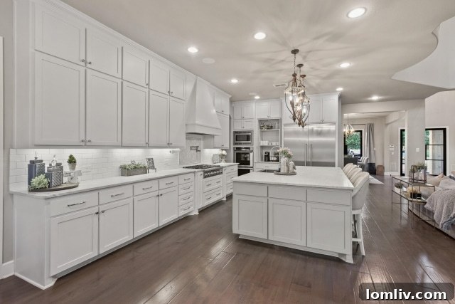 Close-up of the professional Thermador gas range and hood in the luxury lakehouse kitchen