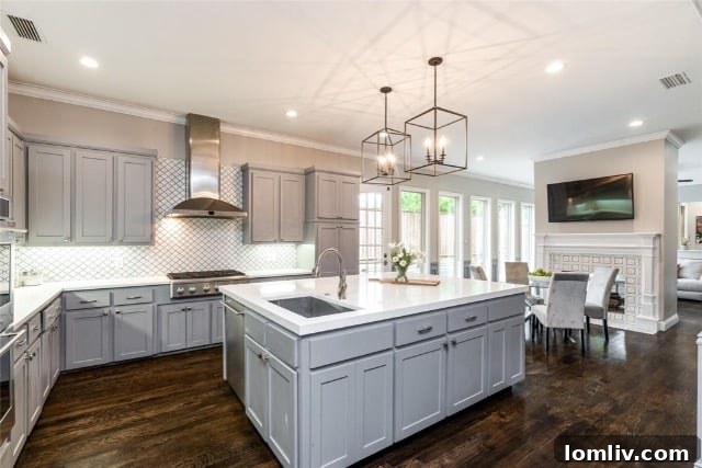 A state-of-the-art kitchen featuring a large island, premium appliances, and ample counter space in a luxury Dallas home.