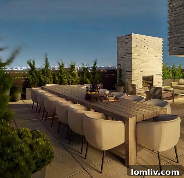 Penthouse living room with high ceilings and panoramic city views