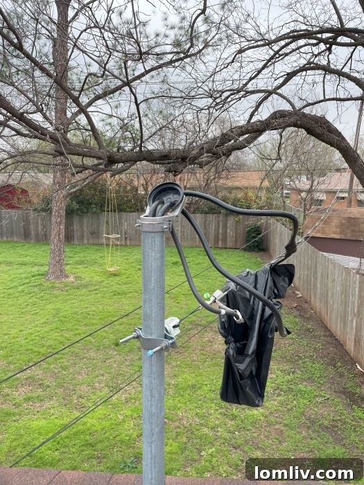 Drip loop damaged by storm debris