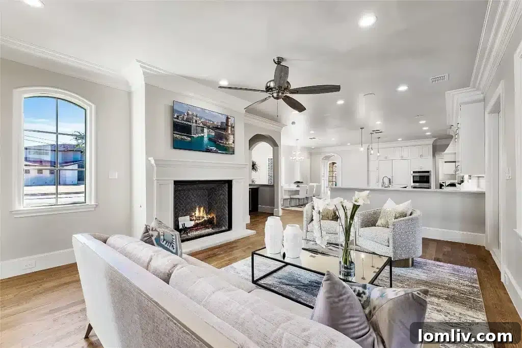Living Room with Fireplace and Kitchen View