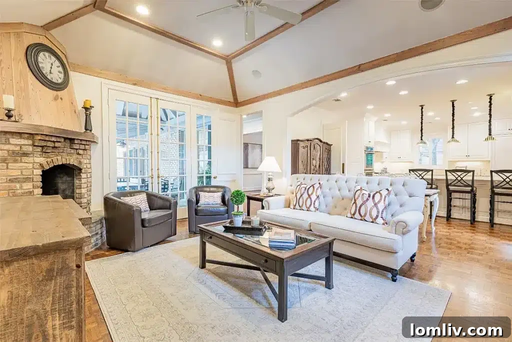 Living Room with Wood-Trimmed Vaulted Ceiling
