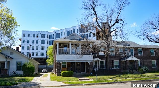 Unprecedented urban growth in Oak Cliff, Dallas, casting long shadows over existing historic homes.
