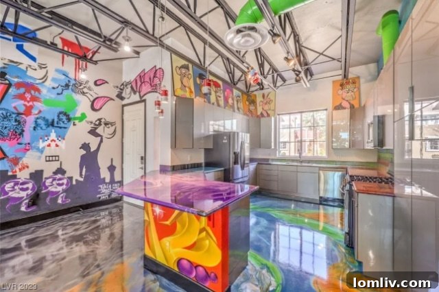 Kitchen island with colorful, art-inspired design