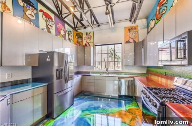 Graffiti-themed kitchen countertop and flooring