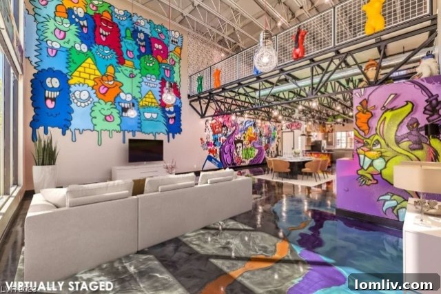 Entertainment room with vibrant art and pinball machines