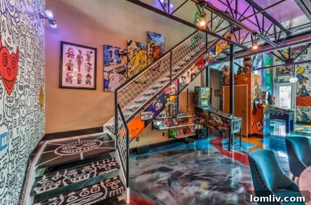 Pinball machines in a creatively decorated living space