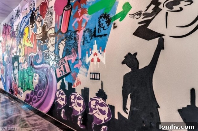 Graffiti-inspired wall art in a modern Las Vegas home entryway