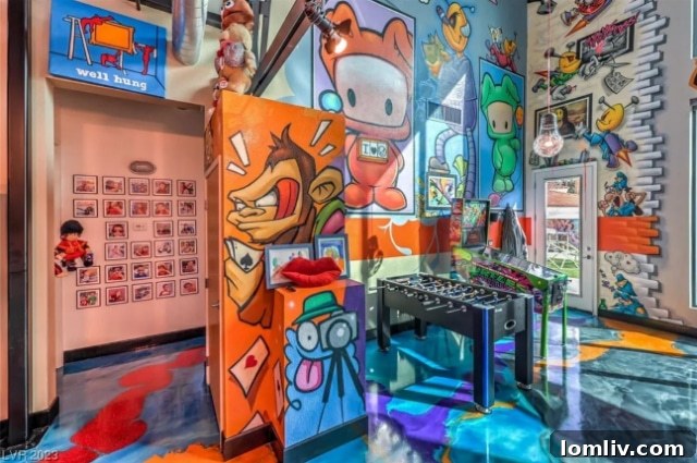 Dynamic graffiti art covering an entire wall in a home