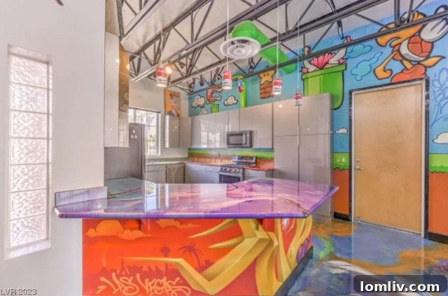 Colorful and vibrant kitchen area with artistic wall designs