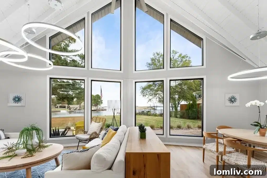 Spacious Living Area with Vaulted Ceilings and Lake Views