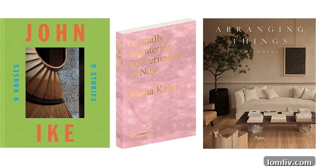 A stack of the season's new design books, beautifully arranged, signifying inspiration for home decor and interior styling.