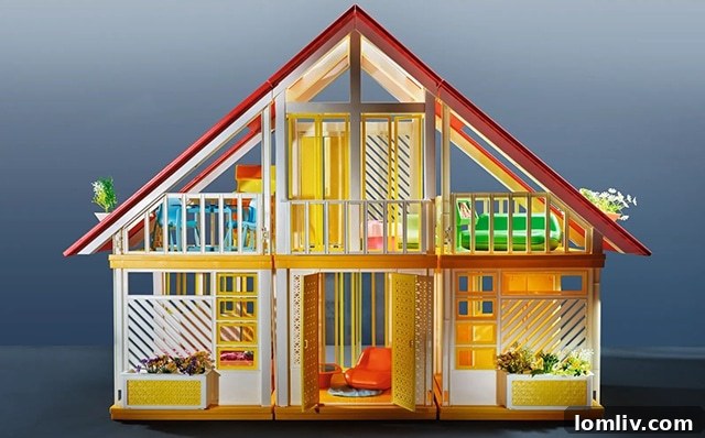 An illustration or photograph of an early model Barbie Dreamhouse, highlighting its historical design elements.