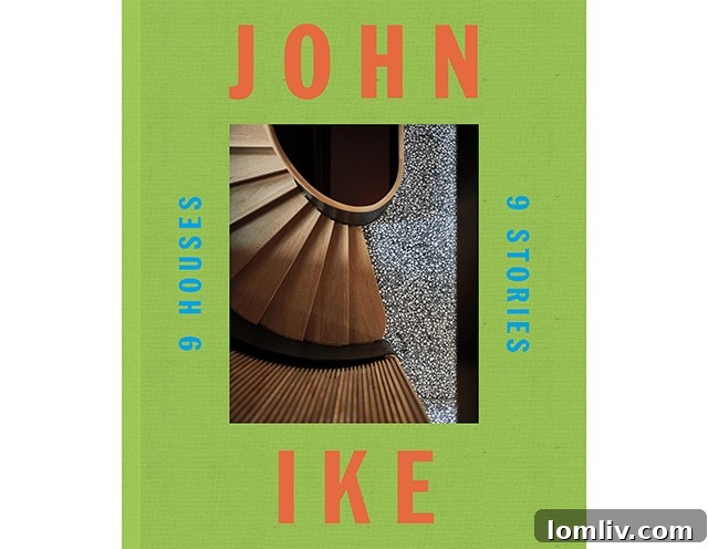 The cover of 'John Ike: 9 Houses/9 Stories,' featuring a striking architectural facade, inviting readers into a world of bespoke design.