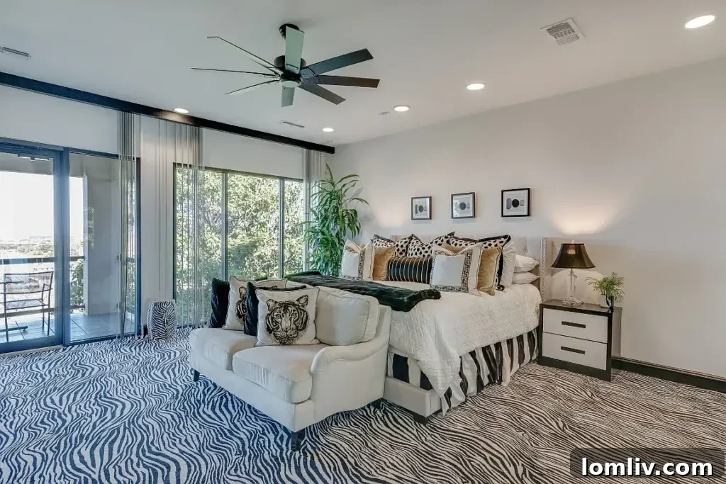 Luxurious master bedroom with a private balcony, offering stunning views and a tranquil retreat.