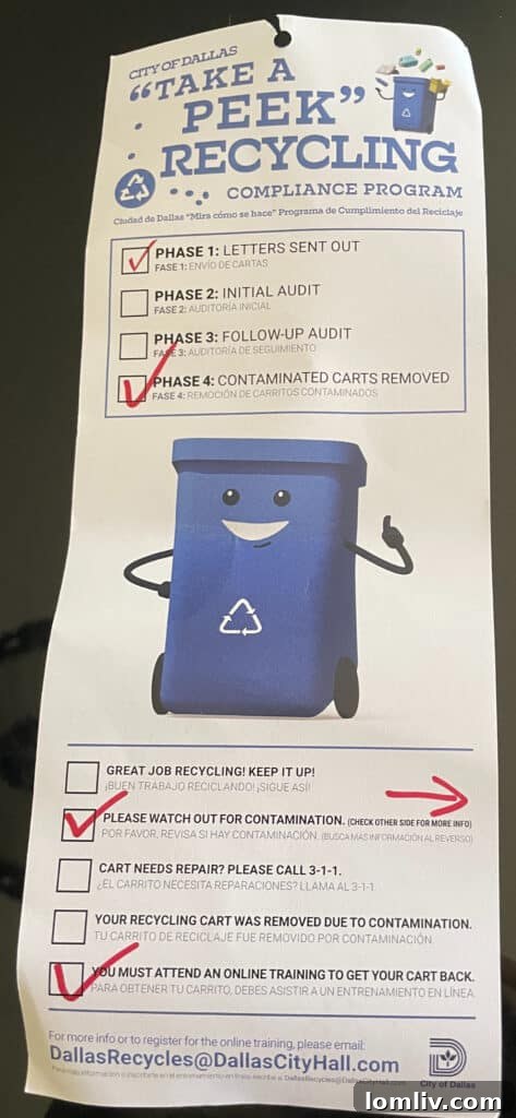 Dallas Residents Puzzled as 'Take a Peek' Recycling Bins Mysteriously Vanish 3 Residential recycling bin with a 'Take a Peek' program tag indicating an issue