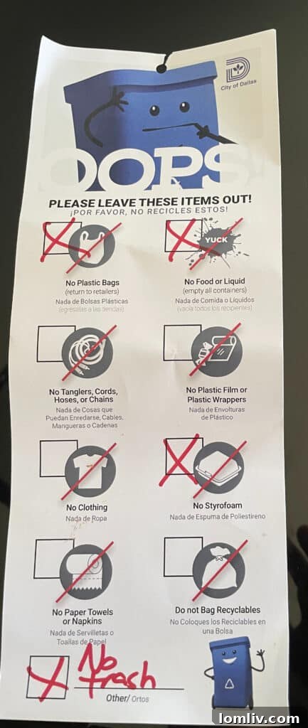 Dallas Residents Puzzled as 'Take a Peek' Recycling Bins Mysteriously Vanish 4 Close-up of a notification tag left on a Dallas recycling bin