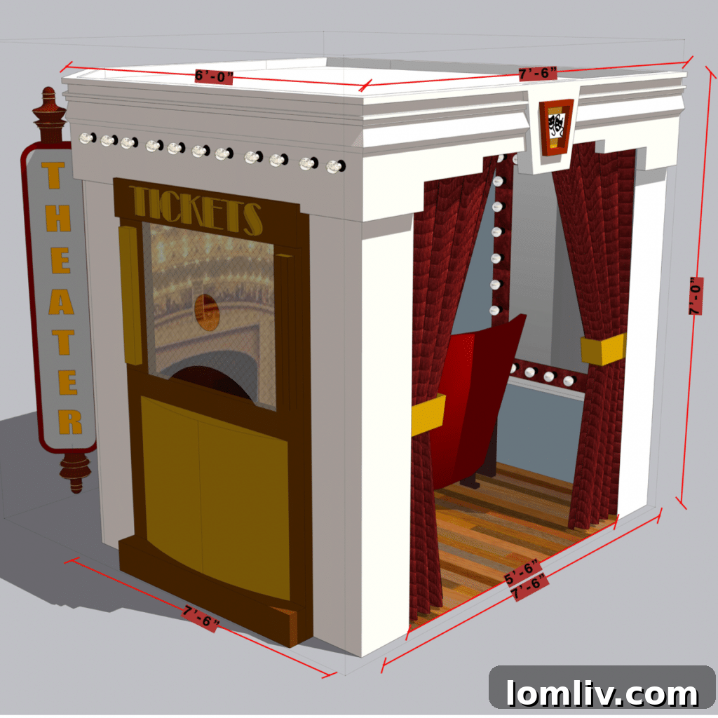 Detailed architectural rendering of the Texas Theater playhouse, showcasing its interactive and playful design elements.