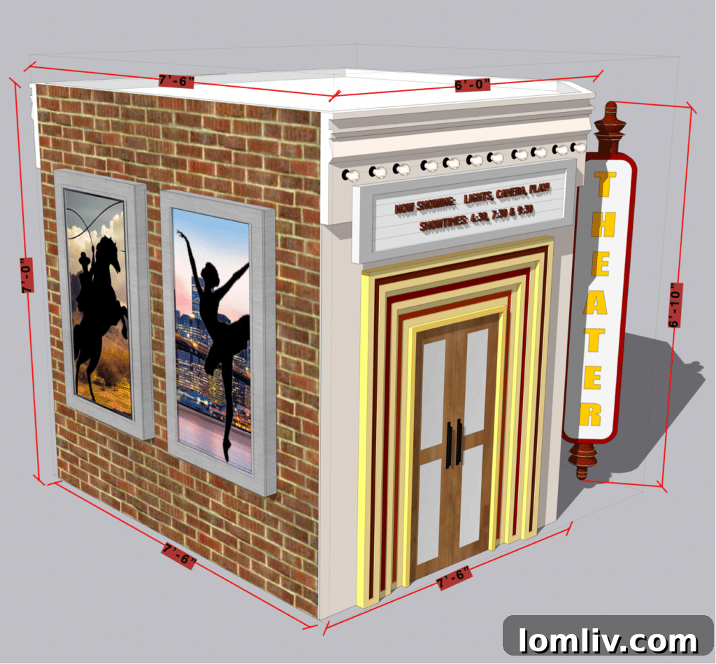Front view of the Texas Theater playhouse, featuring a hidden swing door and a functional marquee with changeable letters.