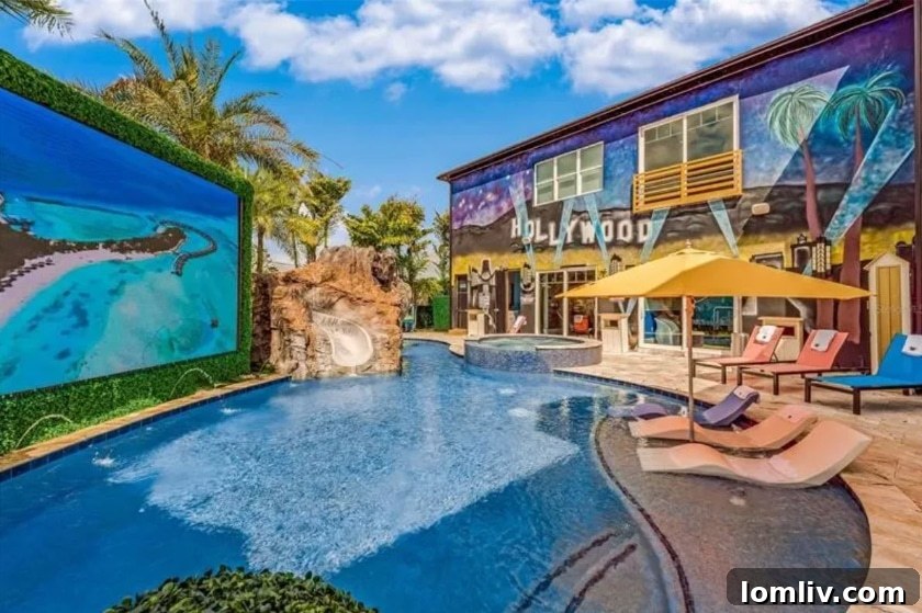 Expansive resort-style swimming pool with a lazy river and lush landscaping.