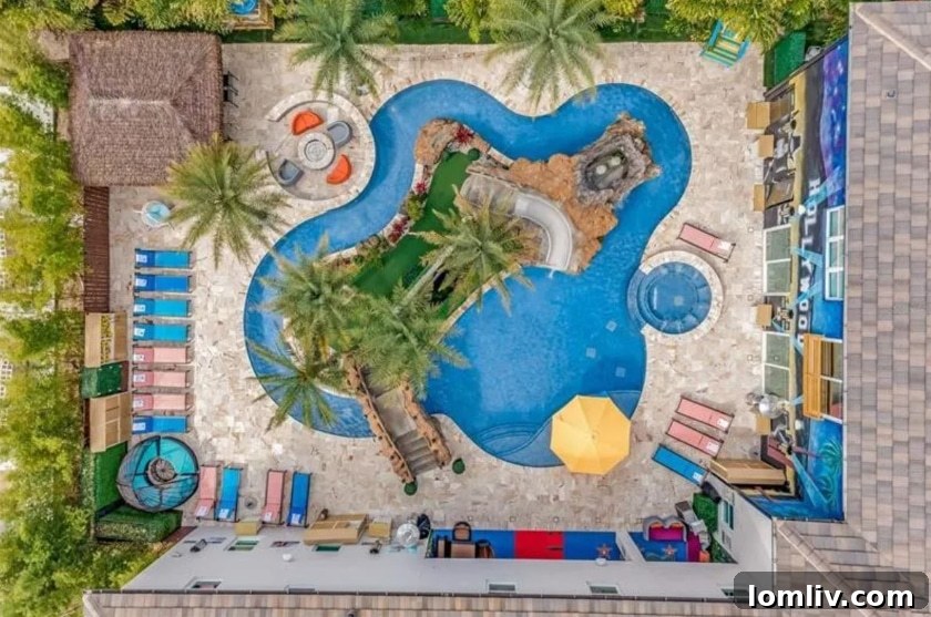 Hollywood, movies, Florida - Aerial view of the magnificent pool area, complete with a Hollywood sign replica.