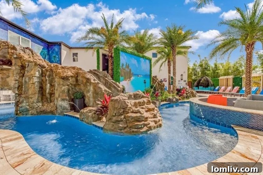 Hollywood-themed pool with a waterfall, lazy river, and a large screen for outdoor movies.