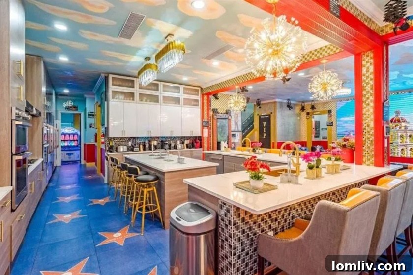Spacious and modern kitchen with gold fixtures in the luxury Florida home.