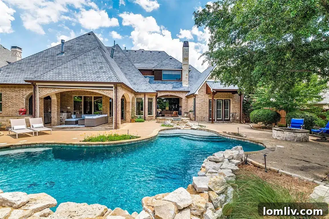 Aerial view of a luxurious North Texas home with a pristine swimming pool, surrounded by lush landscaping, ideal for summer enjoyment.
