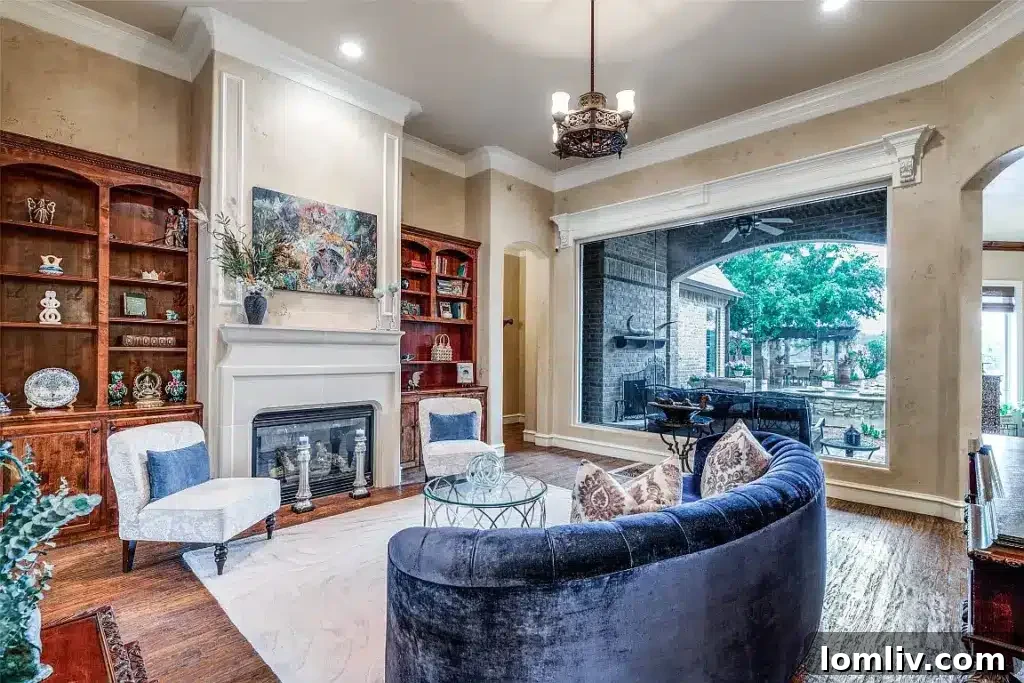 Interior view of the custom Colleyville home at 5204 Pool Road, showcasing luxurious finishes and a stunning panoramic view of the custom designed backyard pool.