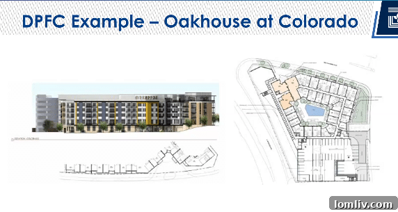 An architectural rendering of the Oakhouse apartment complex at dusk.