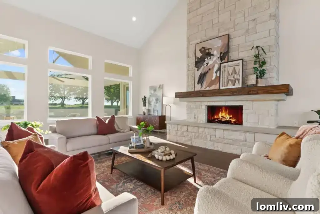 A bright and spacious living room with a stone fireplace, high ceilings, and large windows, showcasing modern farmhouse elegance.
