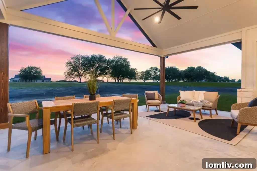 A spacious vaulted covered patio, ideal for outdoor living and dining, overlooking a serene backyard.