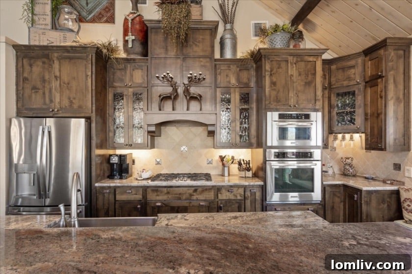Detailed view of the kitchen cabinets with pebbled glass insets.