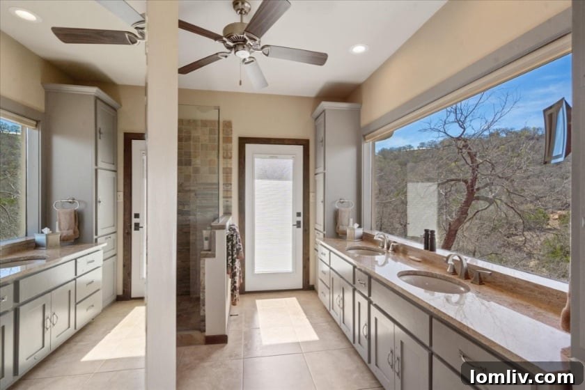 A unique window design above a bathroom vanity, allowing natural light.