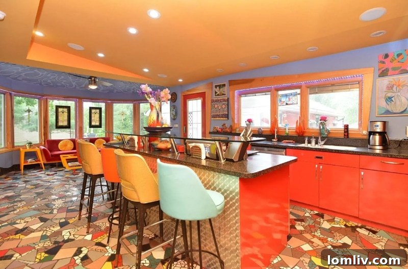 Kitchen with eclectic ceiling design