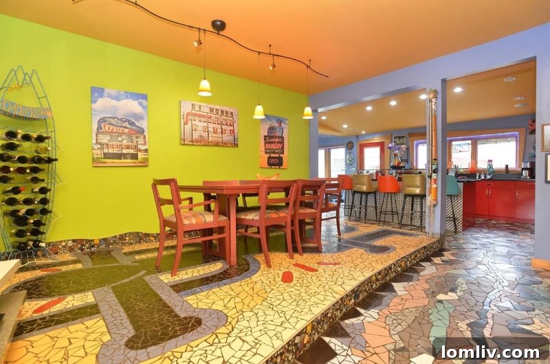 Eclectic dining area with unique sculptures