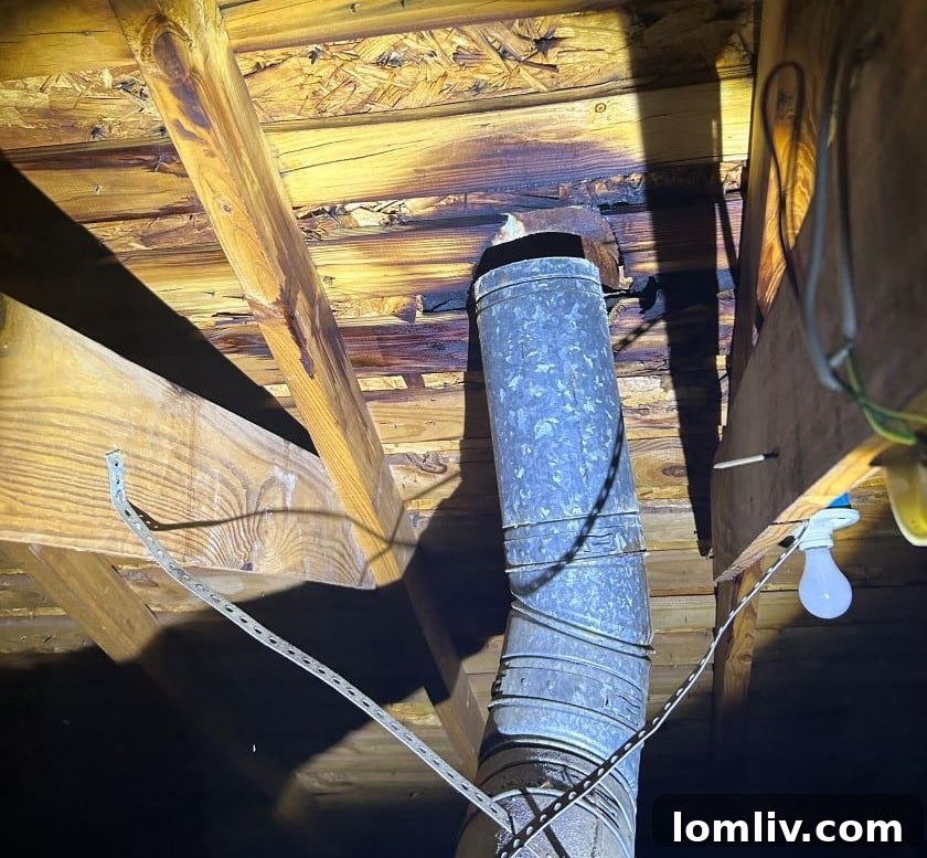 Close-up of a corroded furnace flue pipe in an attic, indicating a fire hazard