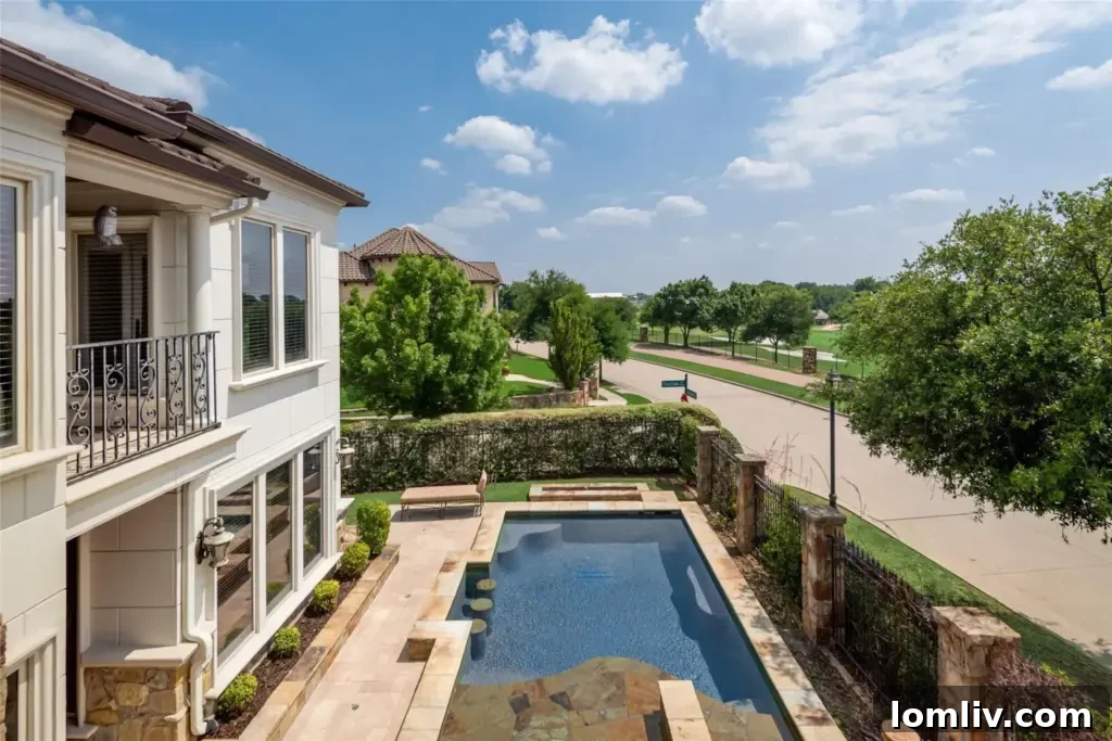 Outstanding views from both a balcony and a swimming pool, overlooking a golf course.