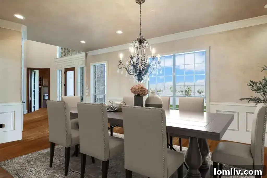 Elegant dining room featuring a spectacular chandelier and a beautiful outdoor view.