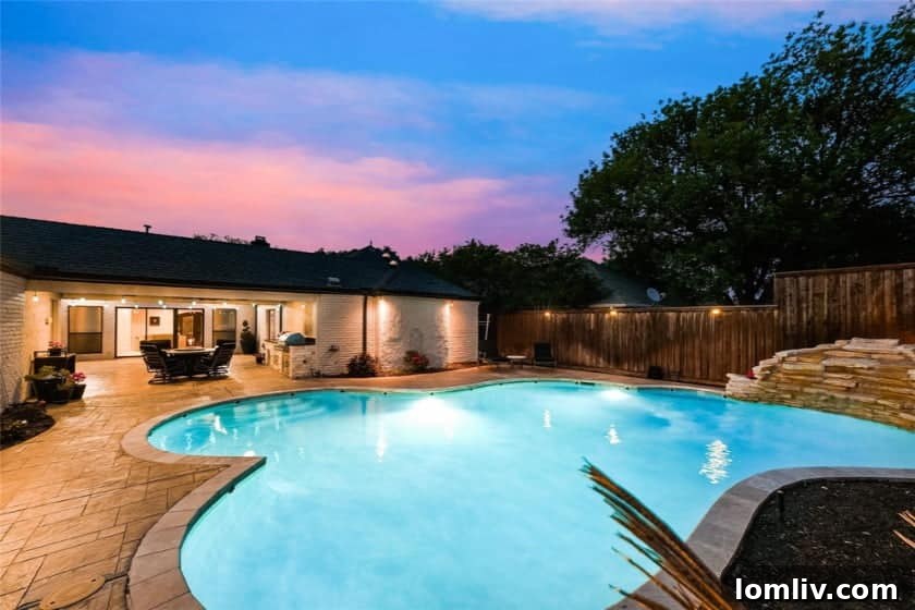 Stunning large swimming pool with unique shape and water feature