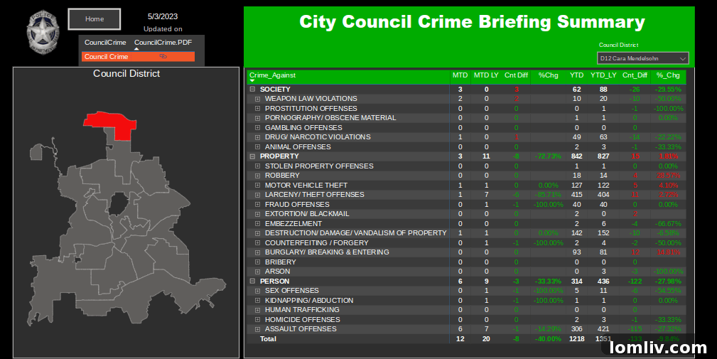 Dallas Police Department crime dashboard showing various crime statistics